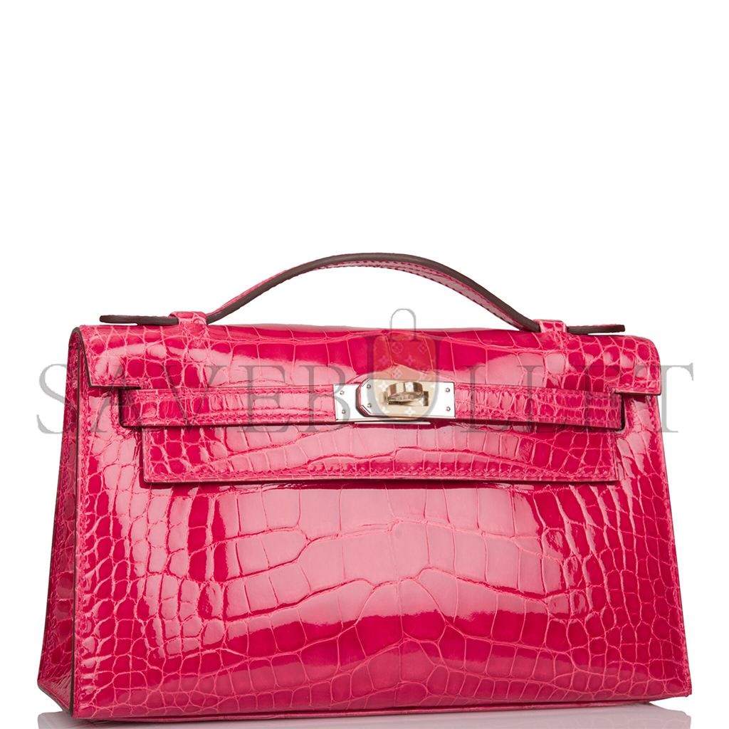 H**mes master rose extreme mini kelly pochette of shiny mississippiensis alligator palladium hardware (22*14*7cm)